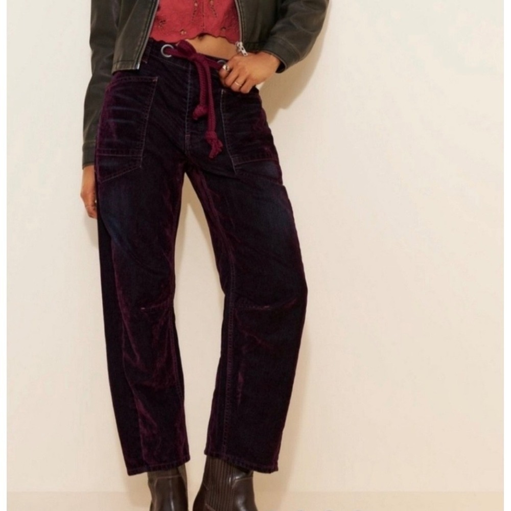 Free People Flocked Moxie Barrel Jeans Wine Tasting Mulberry Boyfriend Size 27 - Picture 4 of 6